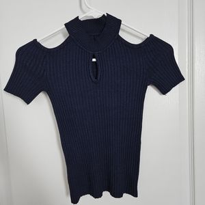 Navy Blue Key Hole Accent Cut Out Shoulder Knitted Top Size S